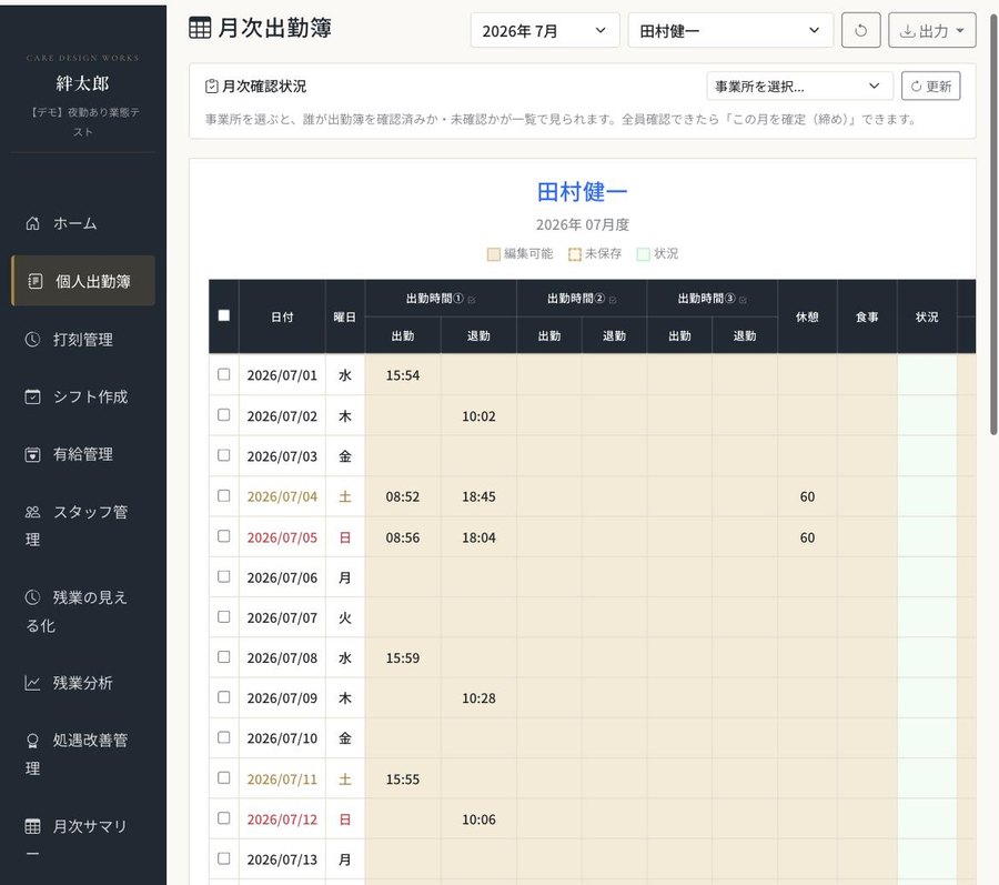 月次出勤簿の画面。日付ごとに出勤・退勤・休憩・状況の列が並ぶ表