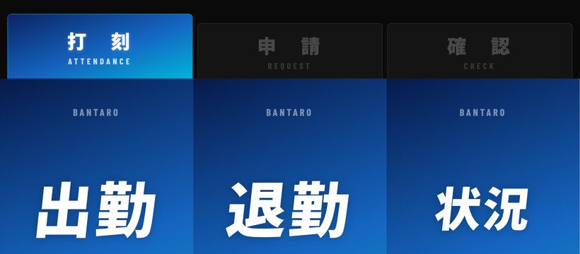 LINEのリッチメニュー。上に打刻・申請・確認の3つのタブ、下に出勤・退勤・状況のボタンが並ぶ