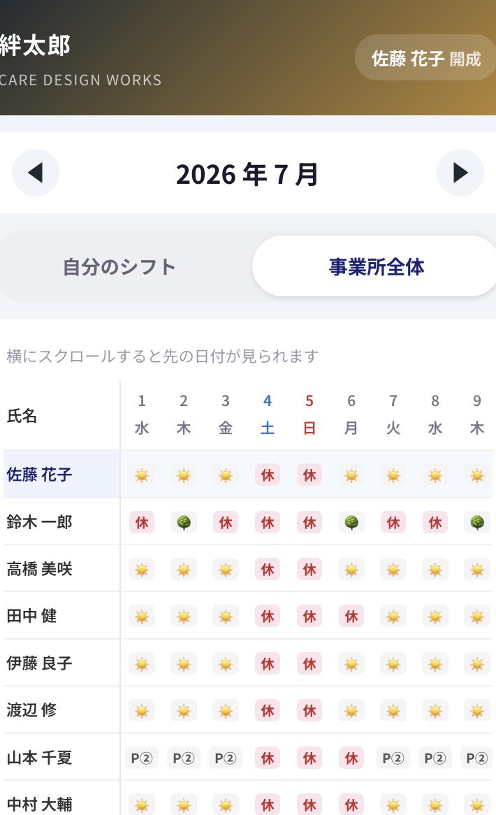 事業所全体のシフト表。氏名が縦、日付が横に並んだ表